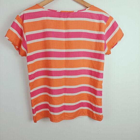 J.Crew Pink Orange White Striped 100% Silk Short Sleeve T-Shirt Blouse Size XS - Picture 4 of 9